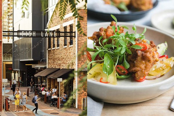 Entry to Fish Lane and dish from one of the restaurants