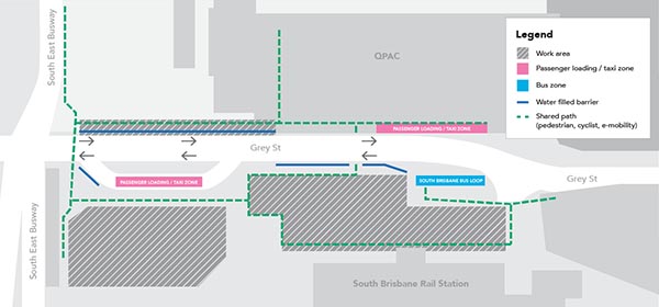 Map indicates the Grey St passenger loading and taxi zones that are now located further south towards South Bank and there is also now a loading zone on the opposite side of Grey St outside South Brisbane rail station.